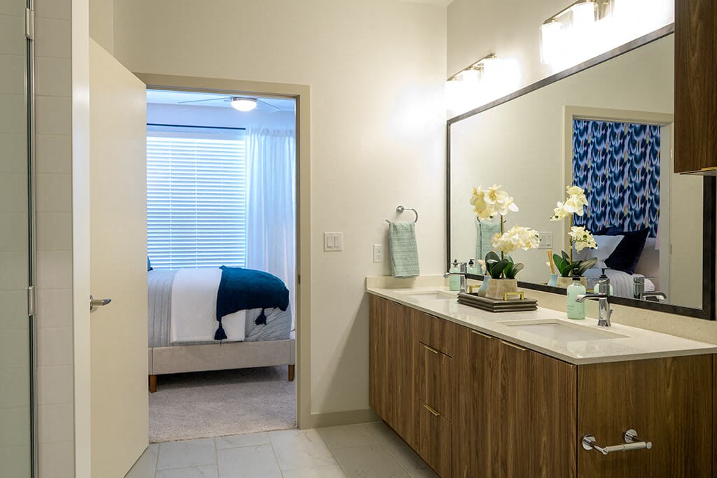 a bathroom with a sink and a mirror and a bedroom