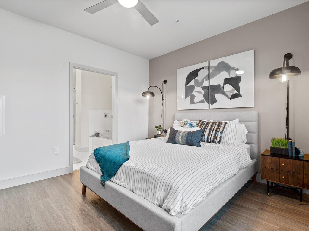 Bedroom with ceiling fan at VERO Apartments in Chelsea MA