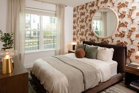 Bedroom in brass marble design at Wayfern Apartments in Sandy Springs GA