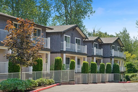 A row of houses with trees in front.
