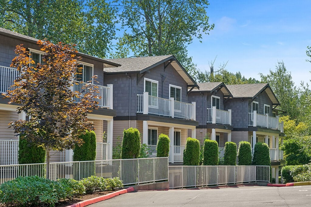 Building exteriors at Woodlands at Forbes Lake Apartments in Kirkland WA