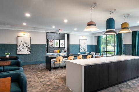 Business center kitchen island and seating at The Belhaven in Alexandria VA