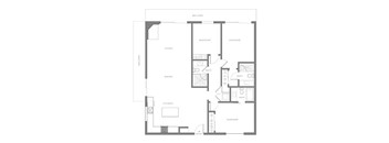 A black and white floor plan of an apartment with a living room, dining room, kitchen, and bathrooms.
