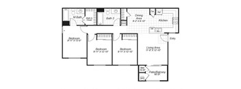 Three bedroom two bathroom B2 floor plan at Bristol Apartment Homes in Dixon, CA