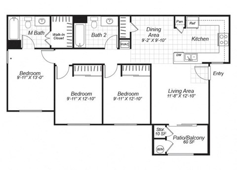 Three bedroom two bathroom B2 floor plan at Bristol Apartment Homes in Dixon, CA