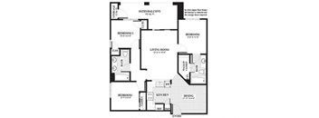 three bedroom one bathroom B2 Floorplan at Muirlands at Windemere in San Ramon, CA