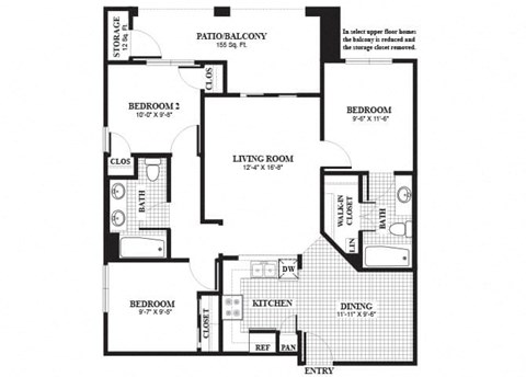 three bedroom one bathroom B2 Floorplan at Muirlands at Windemere in San Ramon, CA