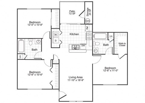 three bedroom floor plan at paradise oaks apartments