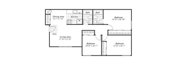 three bedroom floor plan at Ridgemoor apartments