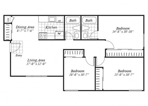 three bedroom floor plan at Ridgemoor apartments
