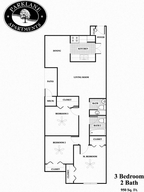 C1 3 bedroom floor plan at Parklane Apartments