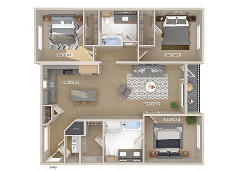Three bedroom floor plan image at 1810 Main in Houston TX