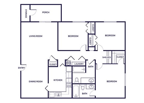 Three bedroom floor plan at City Side Flats Apartments in Nashville TN