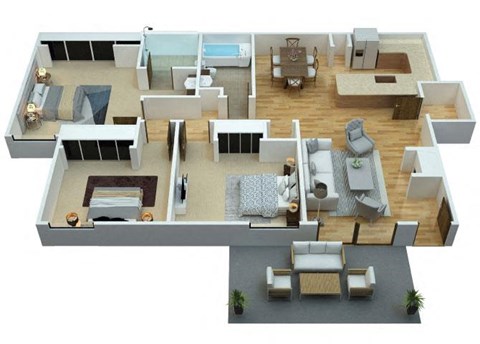 Three bedroom floor plan at Woodcreek Apartments in Las Vegas NV