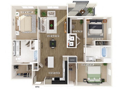Three bedroom floor plan image at West Village Poway Apartments in Poway CA