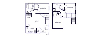 A floor plan of a house with two bedrooms, a living room, a kitchen, a patio, and storage.