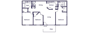 A floor plan of a house with a living room, dining room, kitchen, and four bedrooms.