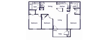 A floor plan of a house with a living room, dining room, kitchen, and four bedrooms.