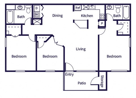 Three bedroom floor plan image at Almeda Park Apartments in Houston TX