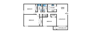 Three bedroom floor plan at Cobalt Springs Apartment Homes in Taylors SC