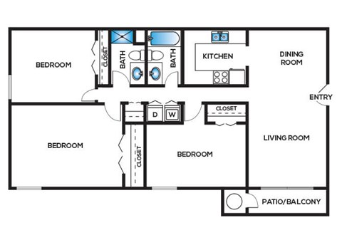 Three bedroom floor plan at Cobalt Springs Apartment Homes in Taylors SC