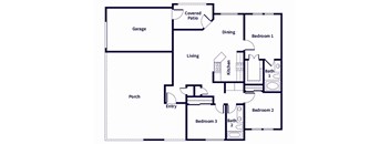 A floor plan of a house with a garage, living room, kitchen, dining room, and three bedrooms.