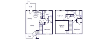 A floor plan of a house with two bedrooms, a living room, a kitchen, a bathroom, and a patio.