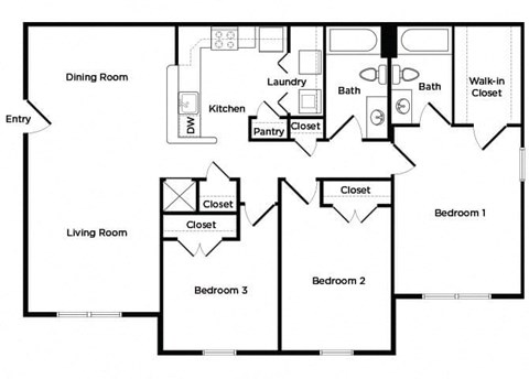 Three bedroom floorplan image at England Run North Apartments in Frederickburg VA