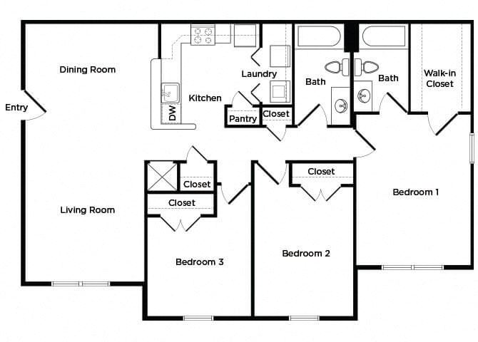 Three bedroom Floorplan image at England Run North Apartments in Fredericksburg, VA