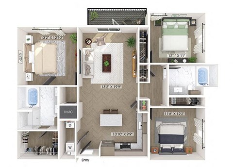Three bedroom floor plan at Station 316 in Woburn MA