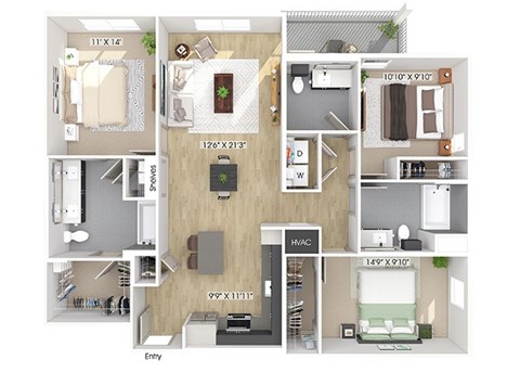 Three bedroom floor plan image at The Wylden in Los Angeles CA