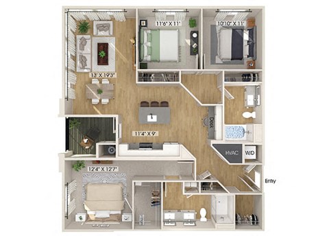 Three bedroom floor plan at Olivean Apartments in Broomfield CO