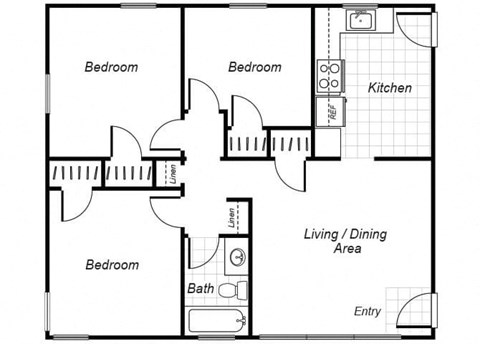 three bedroom one bathroom floor plan image at Sutterfield