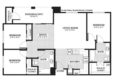 three bedroom one bathroom B2 Floorplan at Muirlands at Windemere in San Ramon, CA