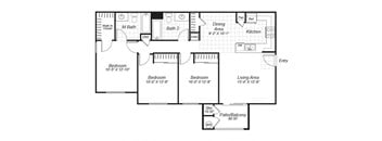 Three bedroom two bathroom B2 floor plan at Bristol Apartment Homes in Dixon, CA