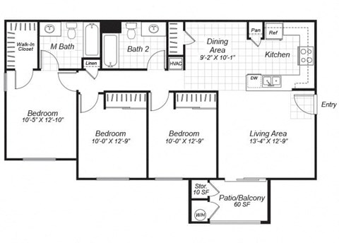 Three bedroom two bathroom B2 floor plan at Bristol Apartment Homes in Dixon, CA