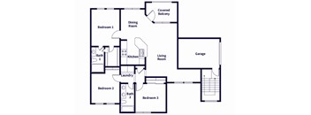 A floor plan of a house with three bedrooms, a living room, a dining room, a kitchen, a laundry room, and a garage.