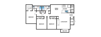 Three bedroom floor plan at Cobalt Springs Apartment Homes in Taylors SC