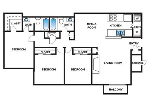 Three bedroom floor plan at Cobalt Springs Apartment Homes in Taylors SC