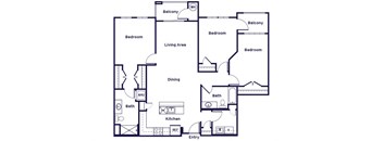 Three bedroom two bathroom floor plan image at Riverwoods at Lake Ridge in Woodbridge VA
