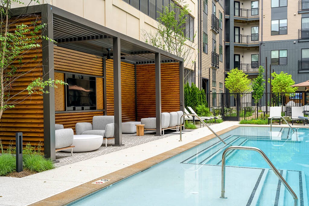 Pool cabanas at 333 Ellington Apartments in Gaithersburg MD