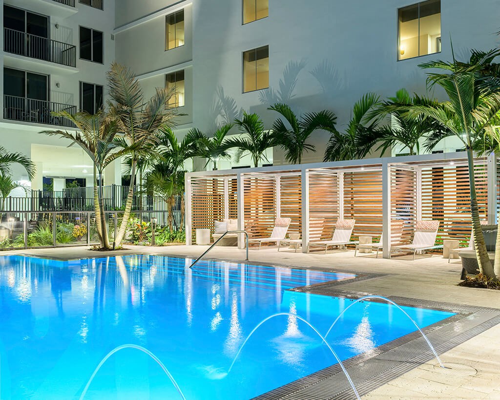 Cabanas at dusk at Treo Apartments in Fort Lauderdale FL