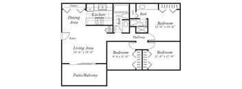 three bedroom two  bathroom floor plan at canyon rim