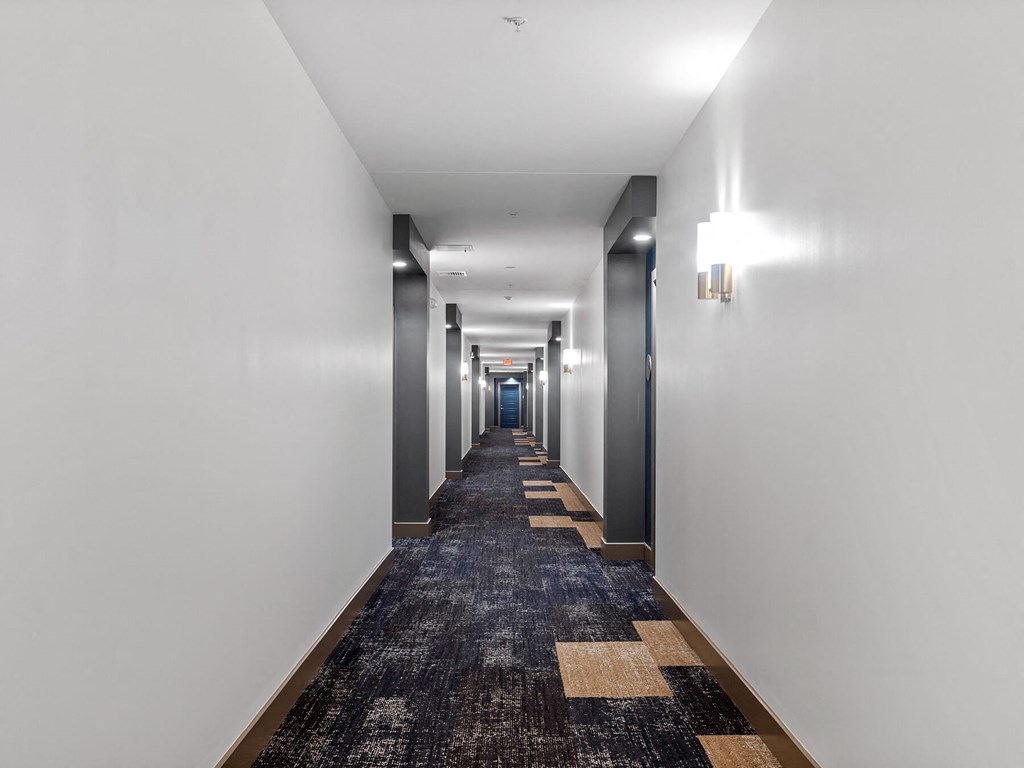 Carpeted hallway at VERO Apartments in Chelsea MA