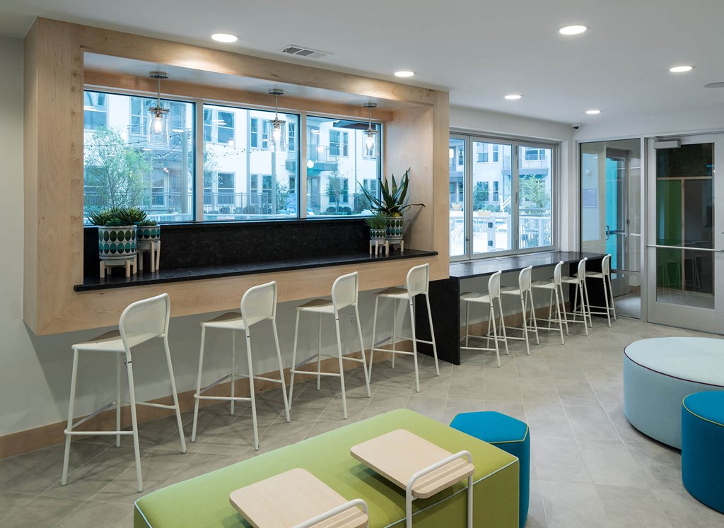 Clubhouse bar seating at Jada Legacy Central Apartments in Plano TX