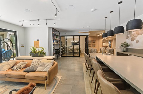 Clubhouse Kitchen and Seating Area at Opal Legacy Central in Plano TX