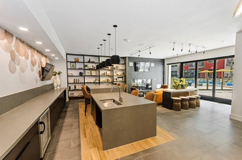 Clubhouse kitchen at Opal Legacy Central in Plano TX