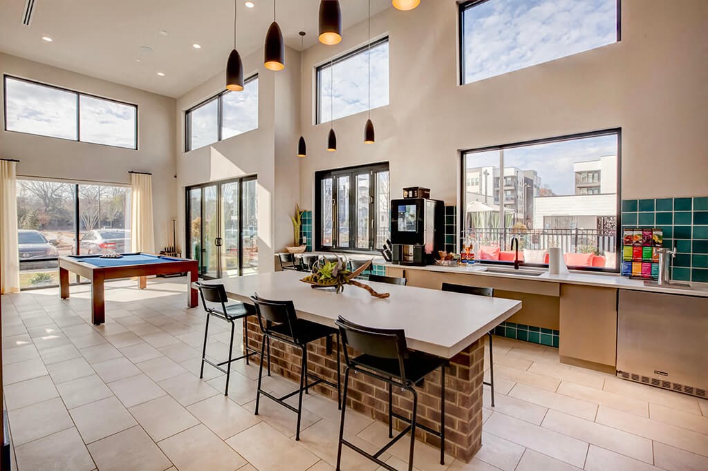 Clubroom Kitchen and Billiards at Verge Apartments in Atlanta, GA