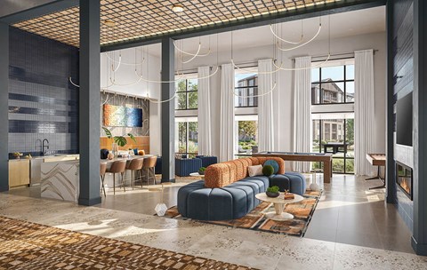A modern living room with a dining area and a kitchen.