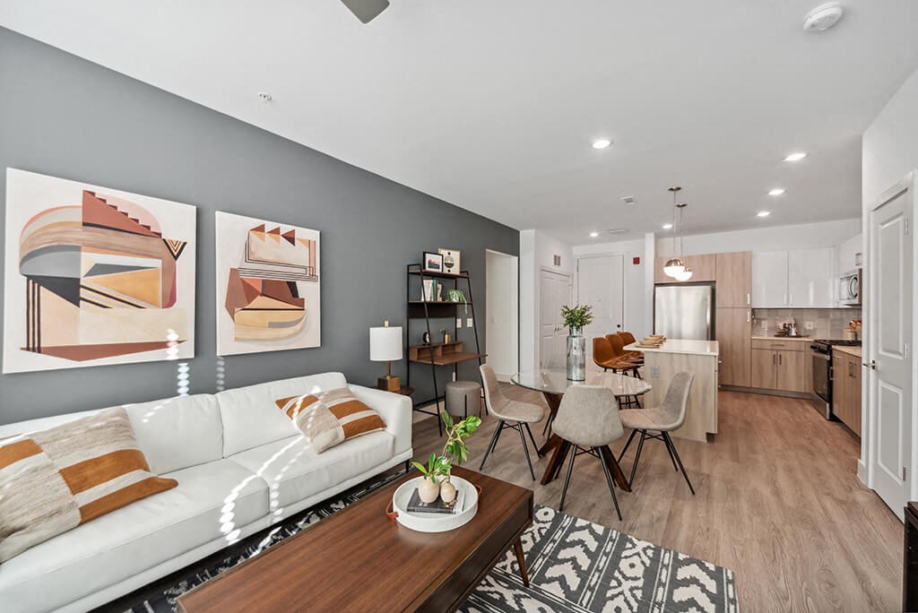 Cool Gloss Design Package Living Room and Kitchen at The Quill Apartments in Milford, MA